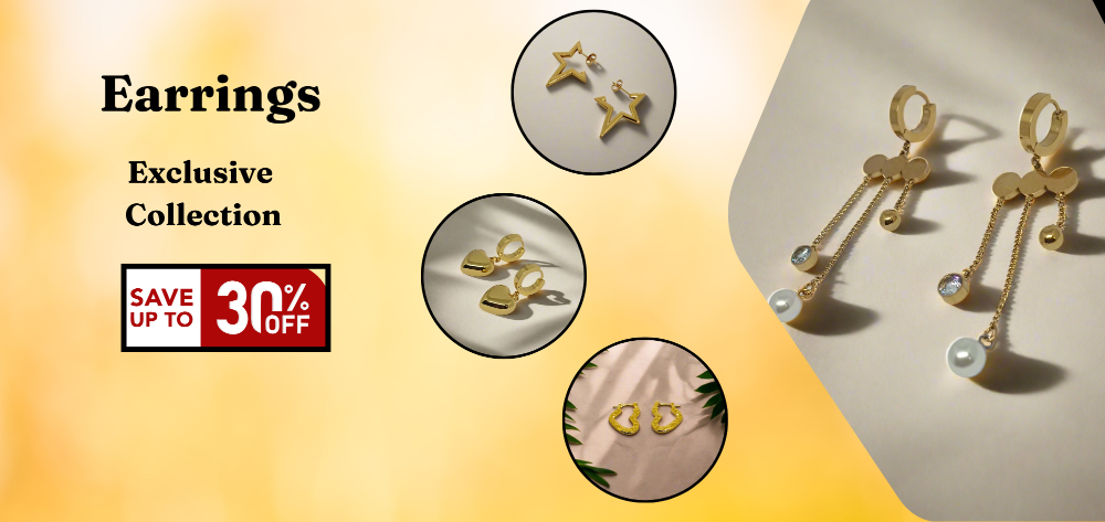 Gold earrings with a promotional banner on a gradient background