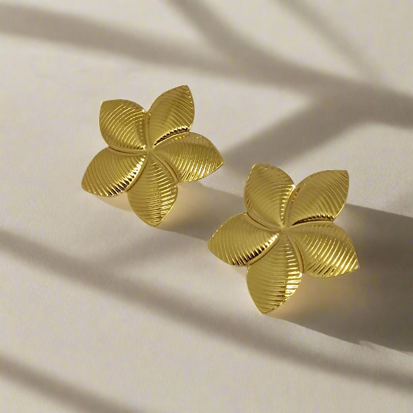 Pair of gold flower-shaped earrings on a light gray background
