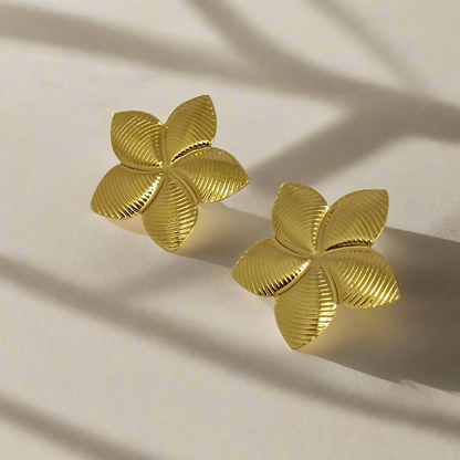 Pair of gold flower-shaped earrings on a light gray background