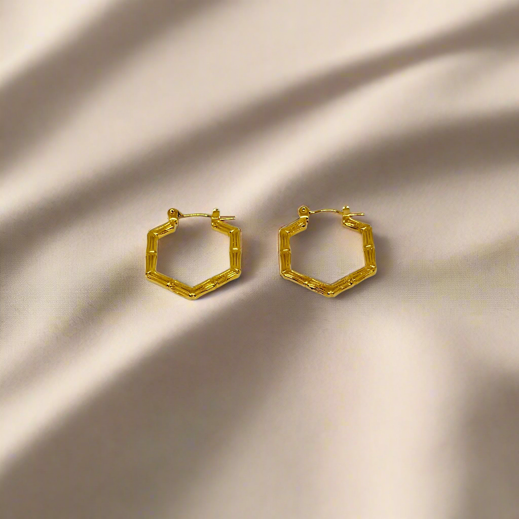 Gold hexagonal hoop earrings on a white background