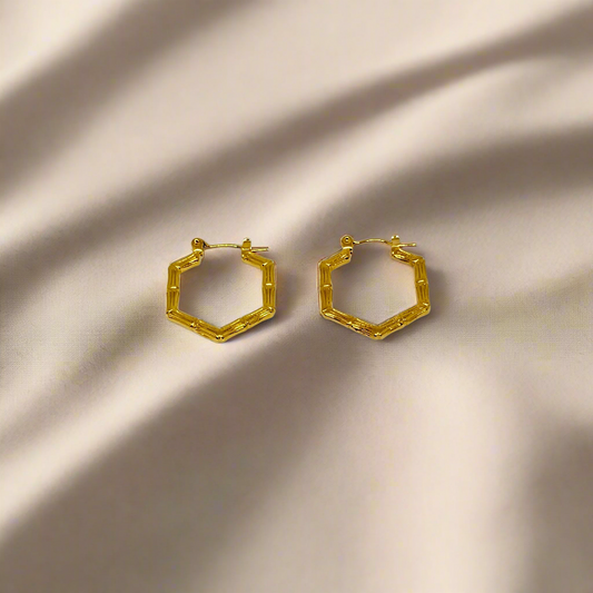 Gold hexagonal hoop earrings on a white background