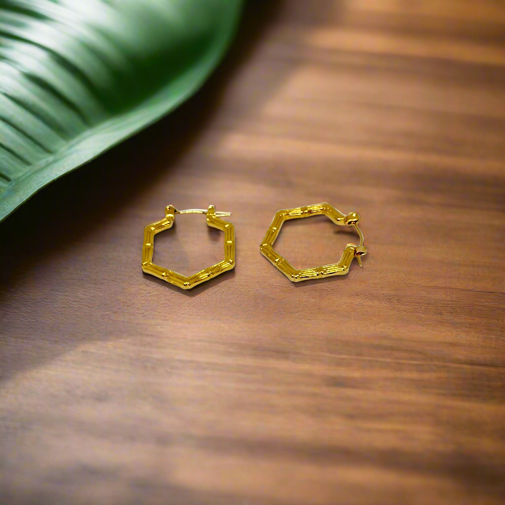 Gold hexagonal hoop earrings on a white background