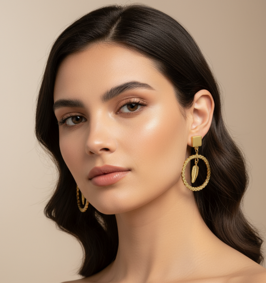 Woman wearing golden stud earrings against a neutral background