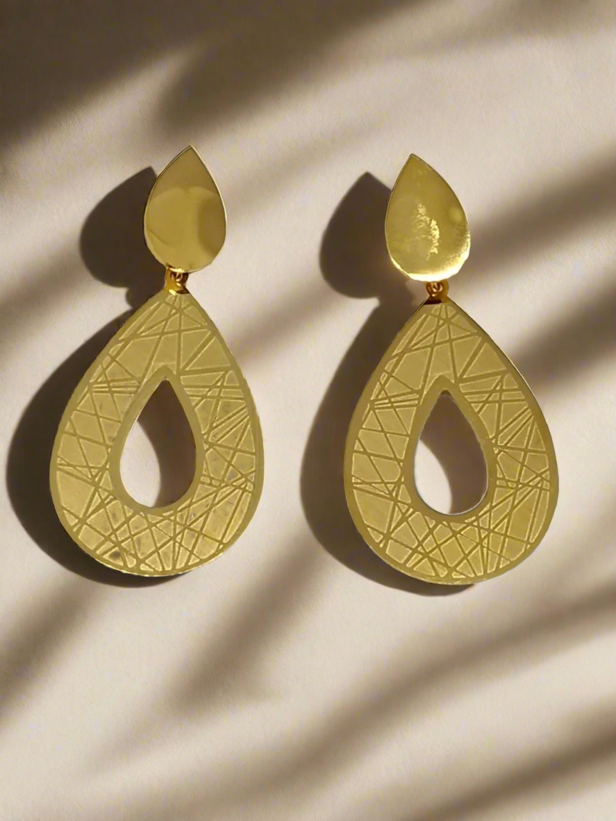 Gold teardrop earrings on a white card with a light gray background