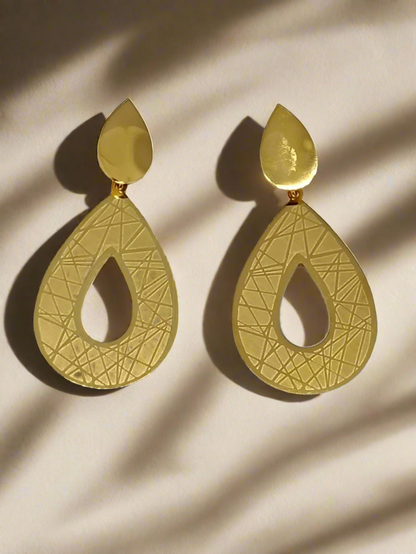 Gold teardrop earrings on a white card with a light gray background