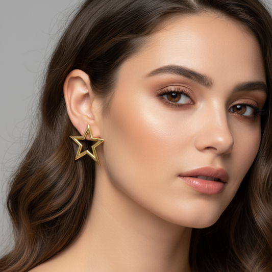 Close-up of a woman wearing a golden star-shaped earring against a neutral background