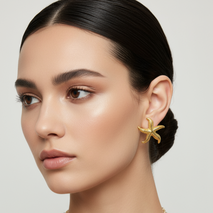 Woman wearing a golden starfish earring on a plain background
