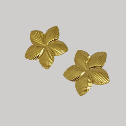 Pair of gold flower-shaped earrings on a light gray background