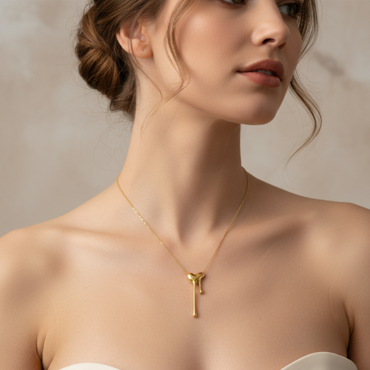 Woman wearing a gold necklace with a unique heart pendant against a neutral background