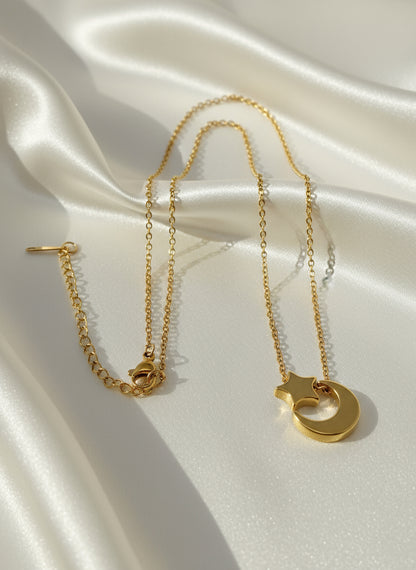 Gold necklace with a moon and star pendant on a light gray background