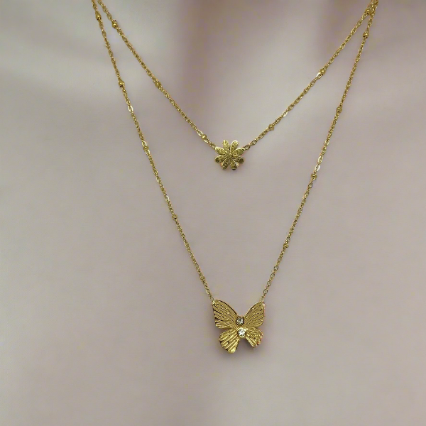 Golden butterfly necklace on a white card