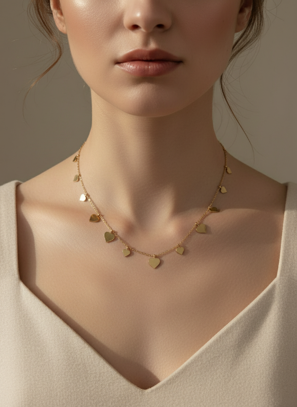Woman wearing a gold heart-shaped necklace against a neutral background